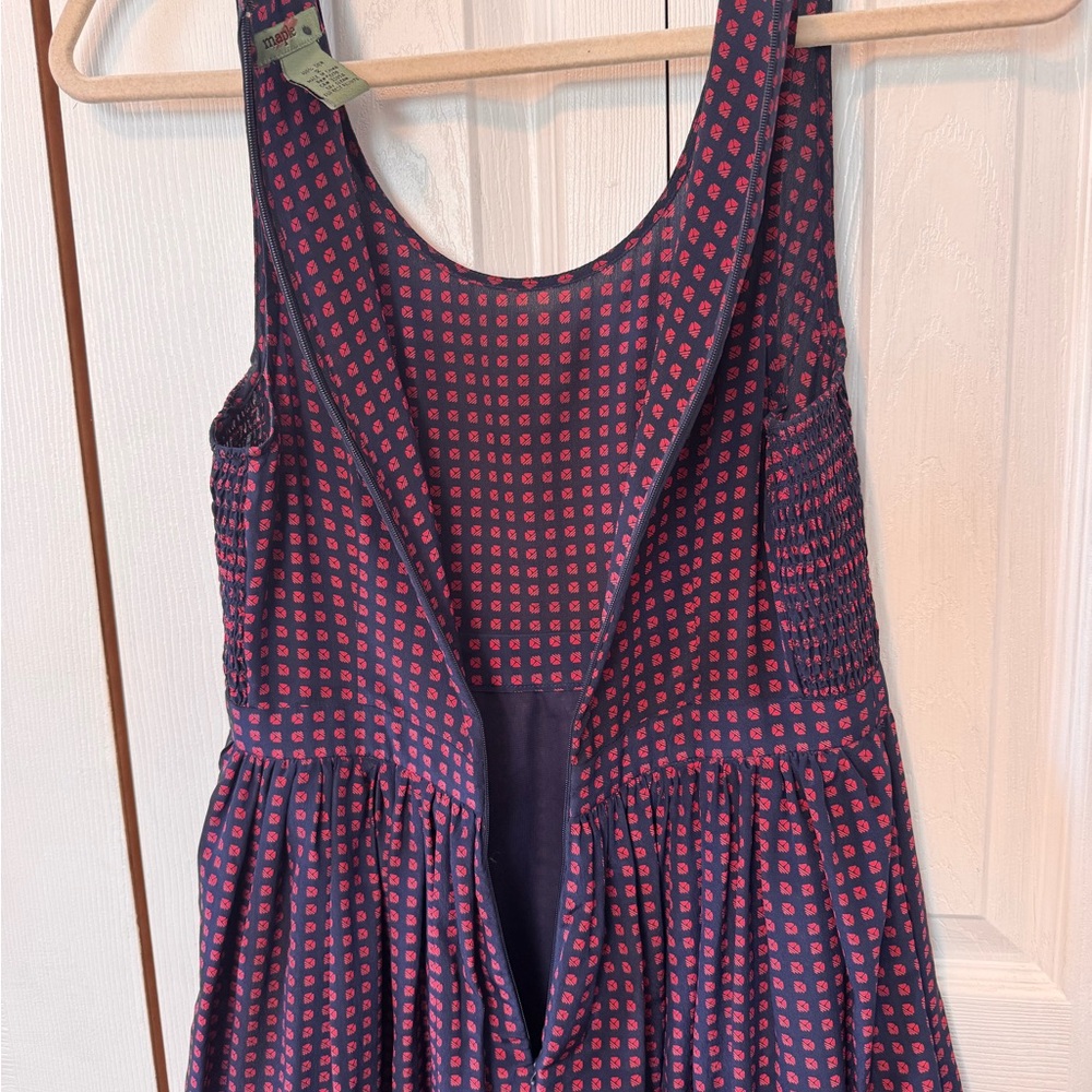 Maple 100% Silk Navy and Red Smock Waist Scoop Neck Sleeveless Dress size 2 - Picture 9 of 14